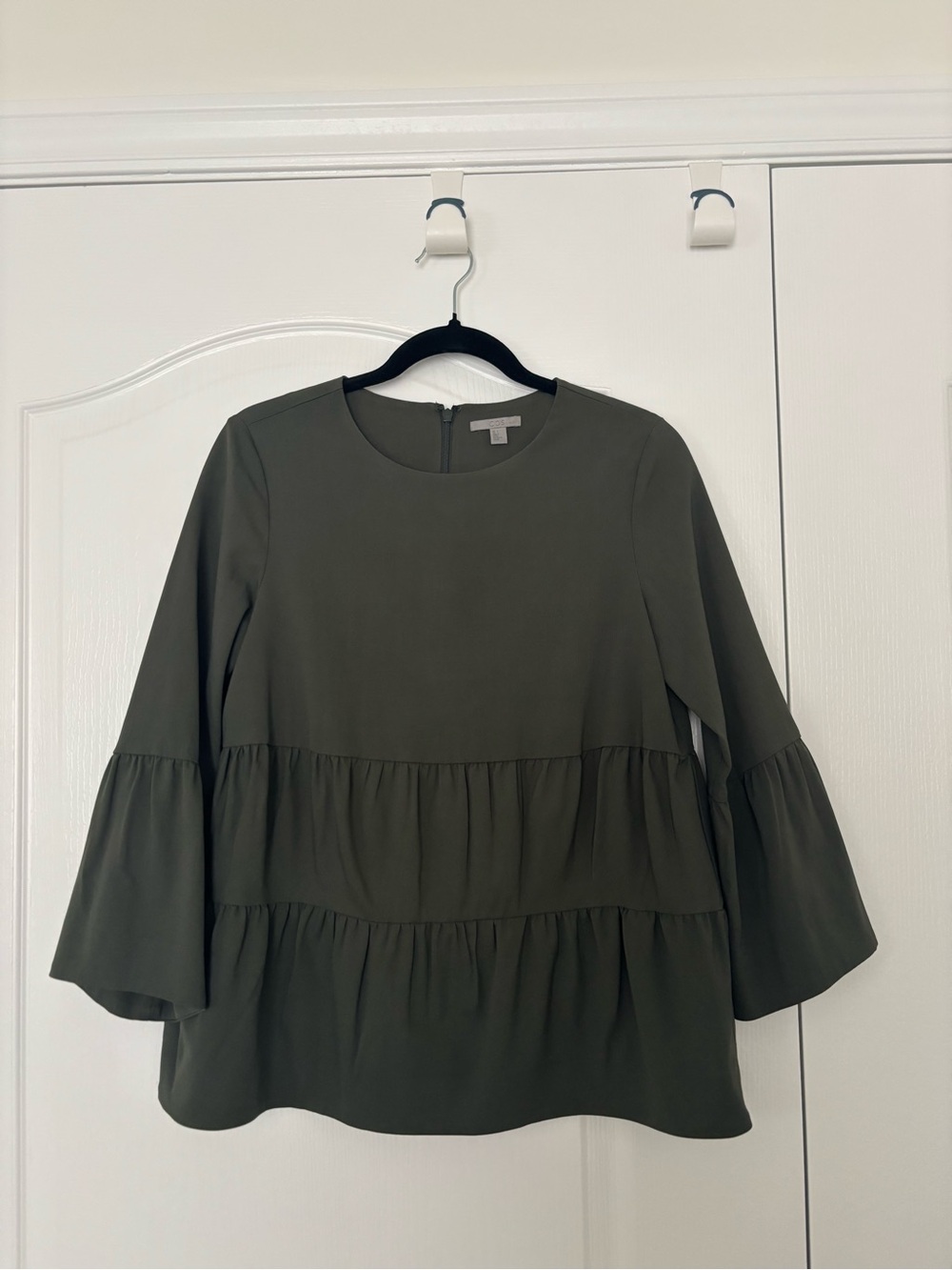 COS Olive Green Tiered Bell-Sleeve Blouse